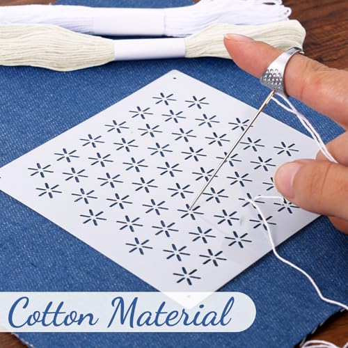 Image of 37 Pcs Sashiko Thread Kit Sashiko Needles Cotton Thimble Sashiko Patterns Embroidery Projects for Sewing Hand Quilting Mending Supplies (White)