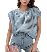 Korebow Womens Summer Sweater Vest Crochet Knit Cap Sleeve Shirts Crewneck Hollow Out Pullover Be...