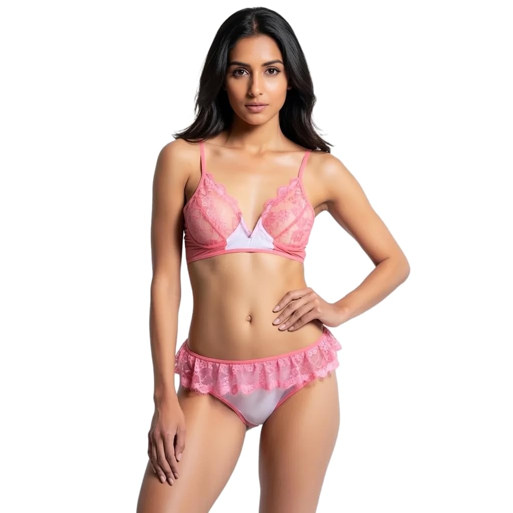 shamelace Baby Pink Sheer Lace Bra & Ruffle Panty Set ? Cute & Sexy Lingerie for Women-picture-18
