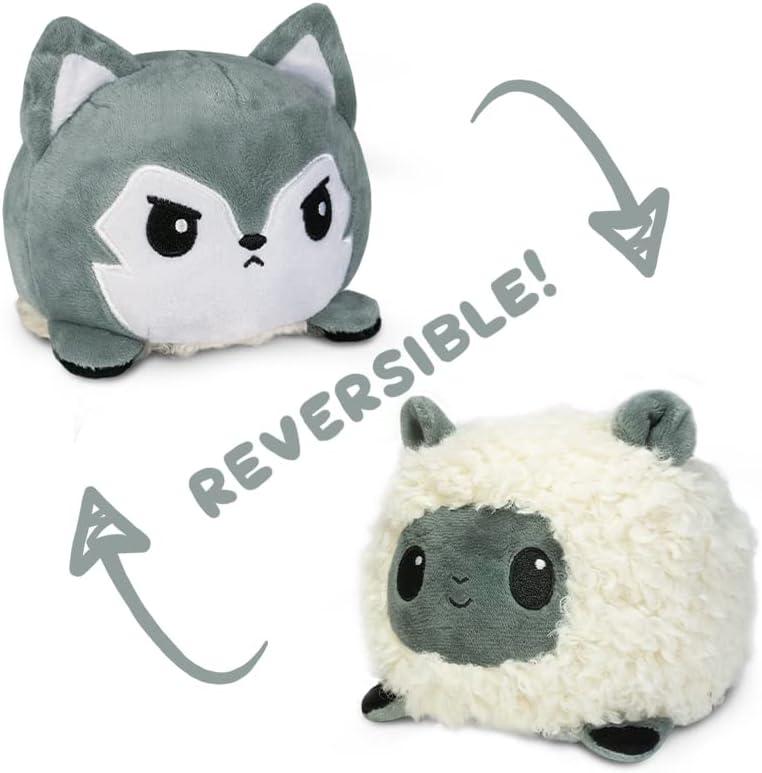 TeeTurtle - The Original Reversible Wolf Plushie - Gray Wolf + Sheep - Cute Sensory Fidget Stuffed Animals That Show Your Mood