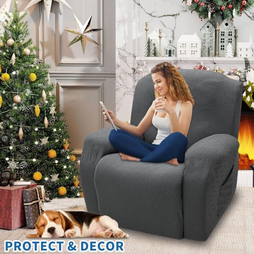 XINEAGE 4-Piece Recliner Cover Stretch Jacquard Slipcover with Pocket, Washable Recliner Chair Protector for Kids, Pets, Dogs, Cats (Dark Gray)