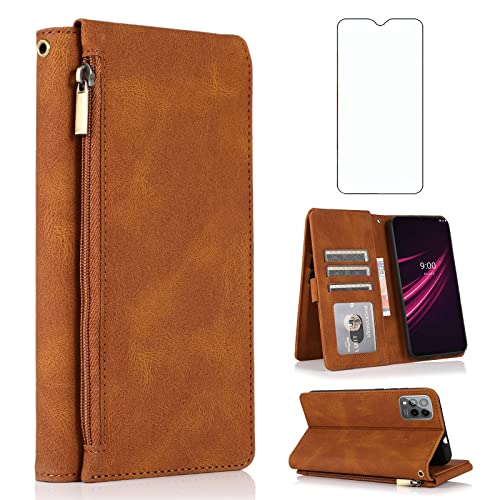 Compatible with T-Mobile Revvl 6 Pro 5G 2022 Wallet Case Tempered Glass Screen Protector Zipper Leather Flip Cover Card Holder Stand for Tmobile Revel Tmo Revell T Mobile Rebel 6pro TCL TMAF035G Brown
