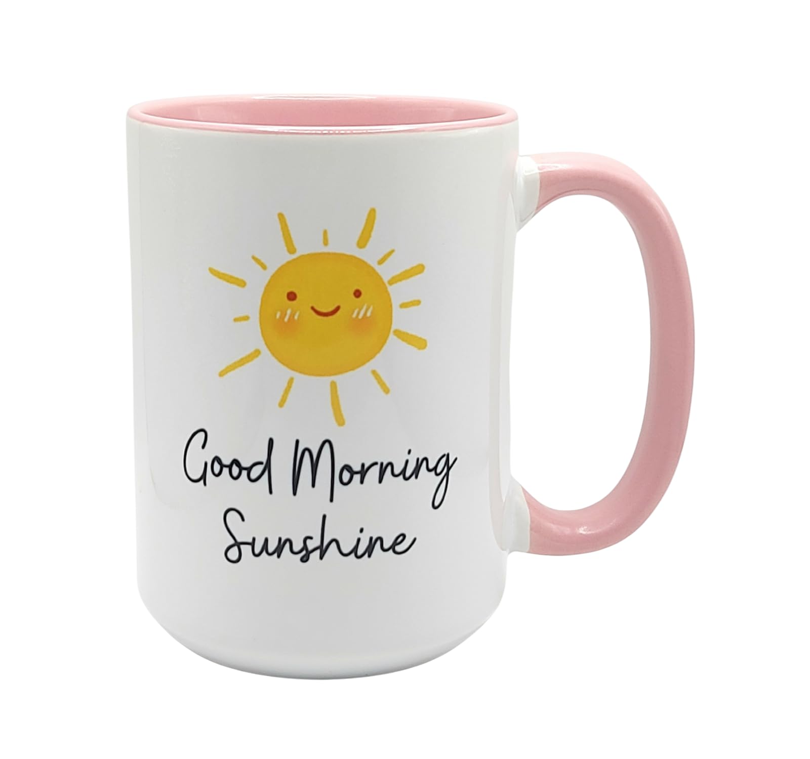 Good Morning Sunshine Coffee Mug Pink 15 Oz Large Ceramic Cup Smiling Sun Design Morning Gift for Her