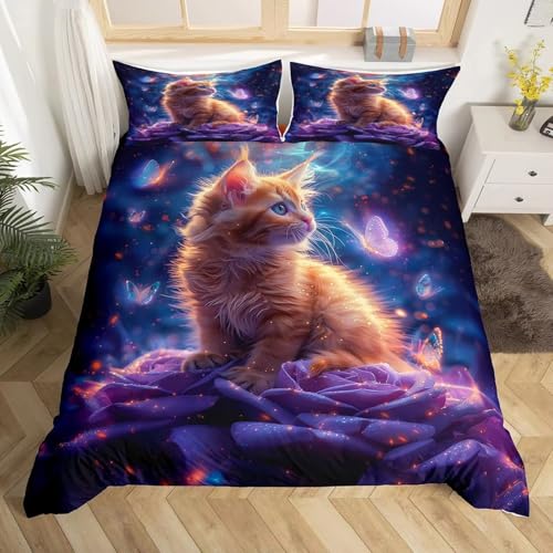 NDXRWDZR 布団セット 猫と蝶 布団カバー 3点セット防ダニ 抗菌防臭 通気吸湿 四季適用 ポリエステル布団カバー 170x210 cm + 2 枕カバー 43x63 cm