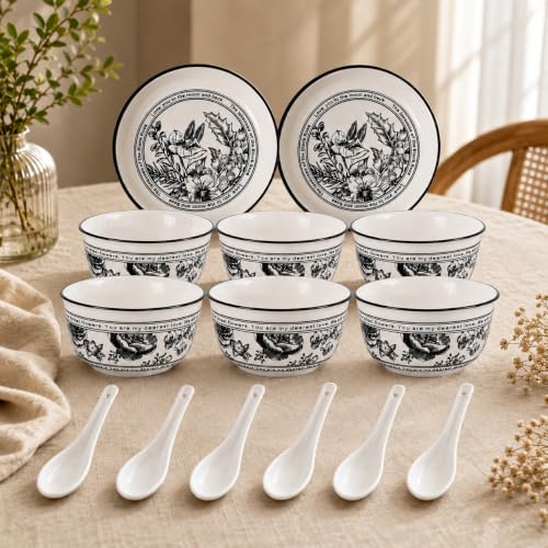 Image of Premium Ceramic Dinnerware Gift Set (14 Pieces) | 2 Dinner Plates, 6 Bowls & Spoons Black Floral Design Microwave Dishwasher Safe Luxury Dining for Home