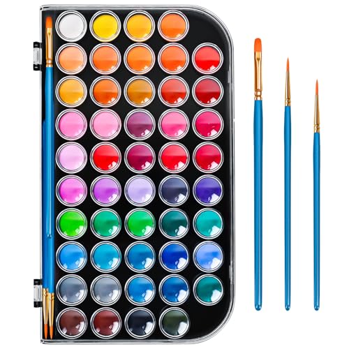 48 Color Solid Watercolor Paint Set with 3 Wooden Brushes - Non-Toxic, Vibrant & Washable Watercolor Kit for Artists, Children, Beginners, Kids - Portable Watercolor Painting Set for Travel & Studio