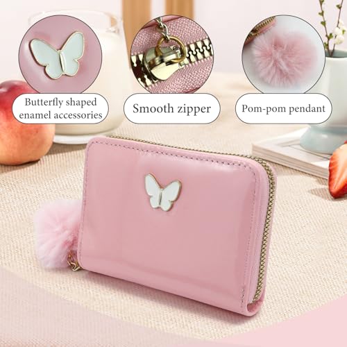 Womens Wallets, PU Leather Small Wallet Credit Card Holder for Women, Cute Wallet Purse Ladies Wallets with Fur Ball Zipper for Shopping, Dating, Travel (pink)3