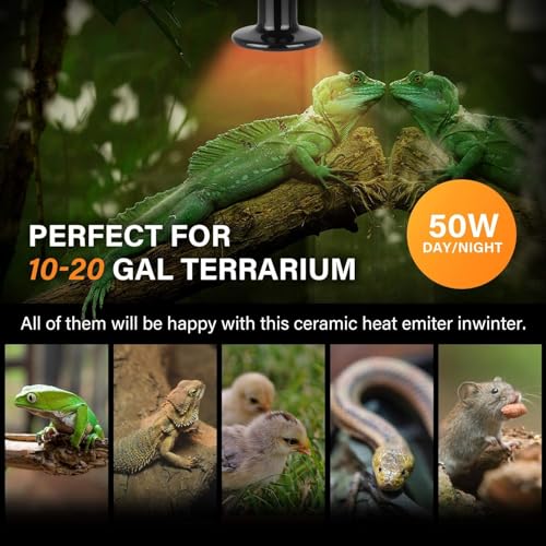 Image of VAYINATO Reptile Ceramic Heat Emitter Lamp | No-Light Heating Bulb for Lizards, Snakes, Tortoises | Long-Lasting Heat Source for Terrariums & Vivariums | Silent & Safe (Black) (50W)