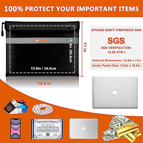 Spvioqi Fireproof Document Bag 5200°F With Heat Insulated, Fireproof Money Bag For Cash With Zipper And Reflective Strip, 14.2” X 11” Fireproof Safe Storage Pouch For Valuables #TOP5