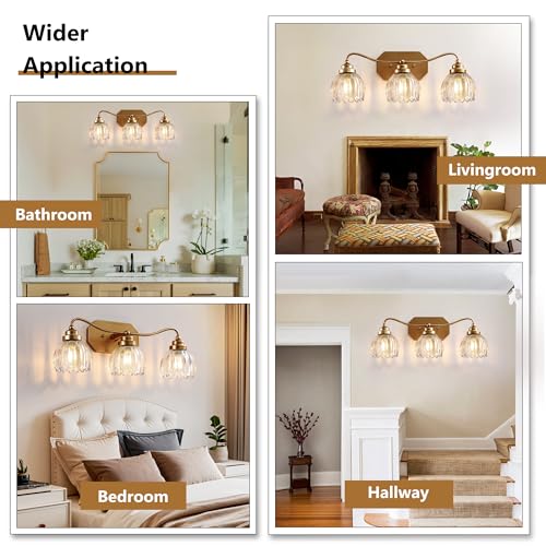 Image of Vintage Bathroom Light Fixtures, Gold Bathroom Vanity Light, Matte Antique Brass Finish with Crystal Glass Shade, Wall Sconces Lighting for Bedroom, Living Room, Hallway (Gold, 3-Light)