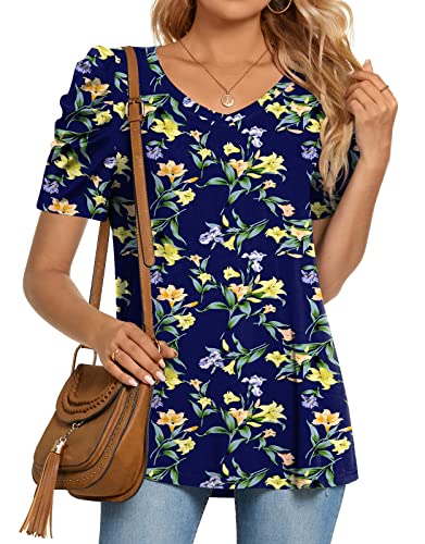 Cathy Womens Summer T-Shirt Short Puff Sleeve Tunic Top Pleated Shoulder Casual V Neck Blouses Loose Tee, 3Xl, Short Lily Navy #TOP1