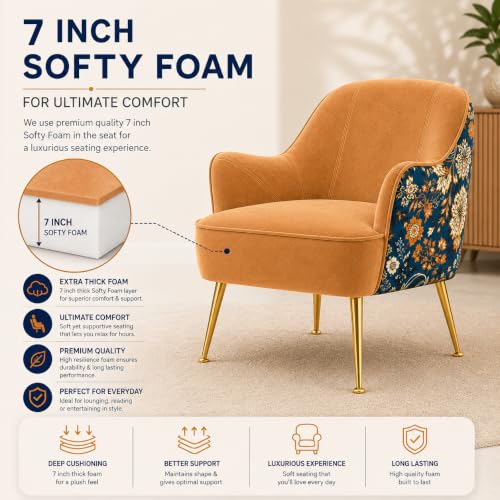 Image of Velvet Chair with Pillow for Home | Modern Accent Armchair in Soft Velvet Fabric with Golden Legs | Premium Accent Chair for Living Room Bedroom Restaurent | (Light Brown, Big Zara)