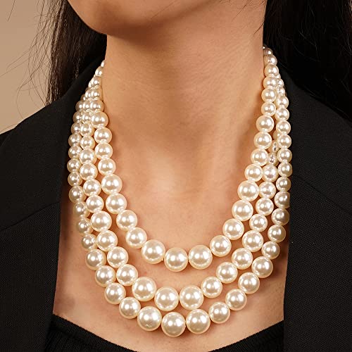 Chargances 3 Layered Beaded Strand Choker Pearl Statement Necklace and Earrings Set Round Ball Chunky Bib Collar for Women Gift Festival Party2