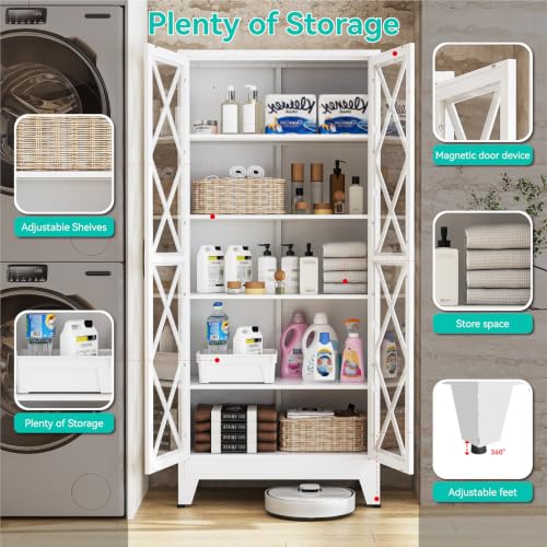 Image of Metal Storage Cabinet with Glass Doors and Adjustable Shelves | 71 inch Tall Pantry Cabinet for Kitchen Dining Room Bathroom Garage,White,1 Pce