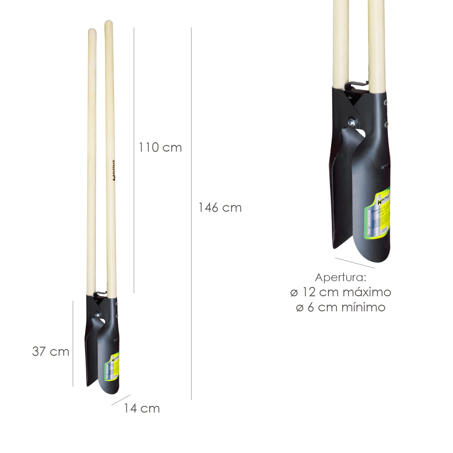 WOLFPACK LINEA PROFESIONAL Cavahoyos Acero Forjado Con Mango Madera 146 cm. Plantador, Cava Hoyos,sembradora, Plantadora, Cava Poste, Siembra Bulbos,
