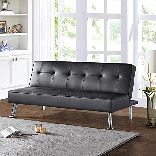 Yaheetech 3er-Sofa Couch Schlafsofa Bettsofa Klappsofa mit Schlaffunktion, Kunstleder, schwarz – Bild 3