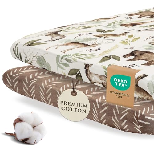 Image of Pobibaby - 2 Pack Premium Pack N Play Sheets Fitted for Standard Pack and Plays and Mini Cribs - Ultra-Soft Cotton Blend, Stylish Woodland Pattern, Safe and Snug for Baby (Wildlife)