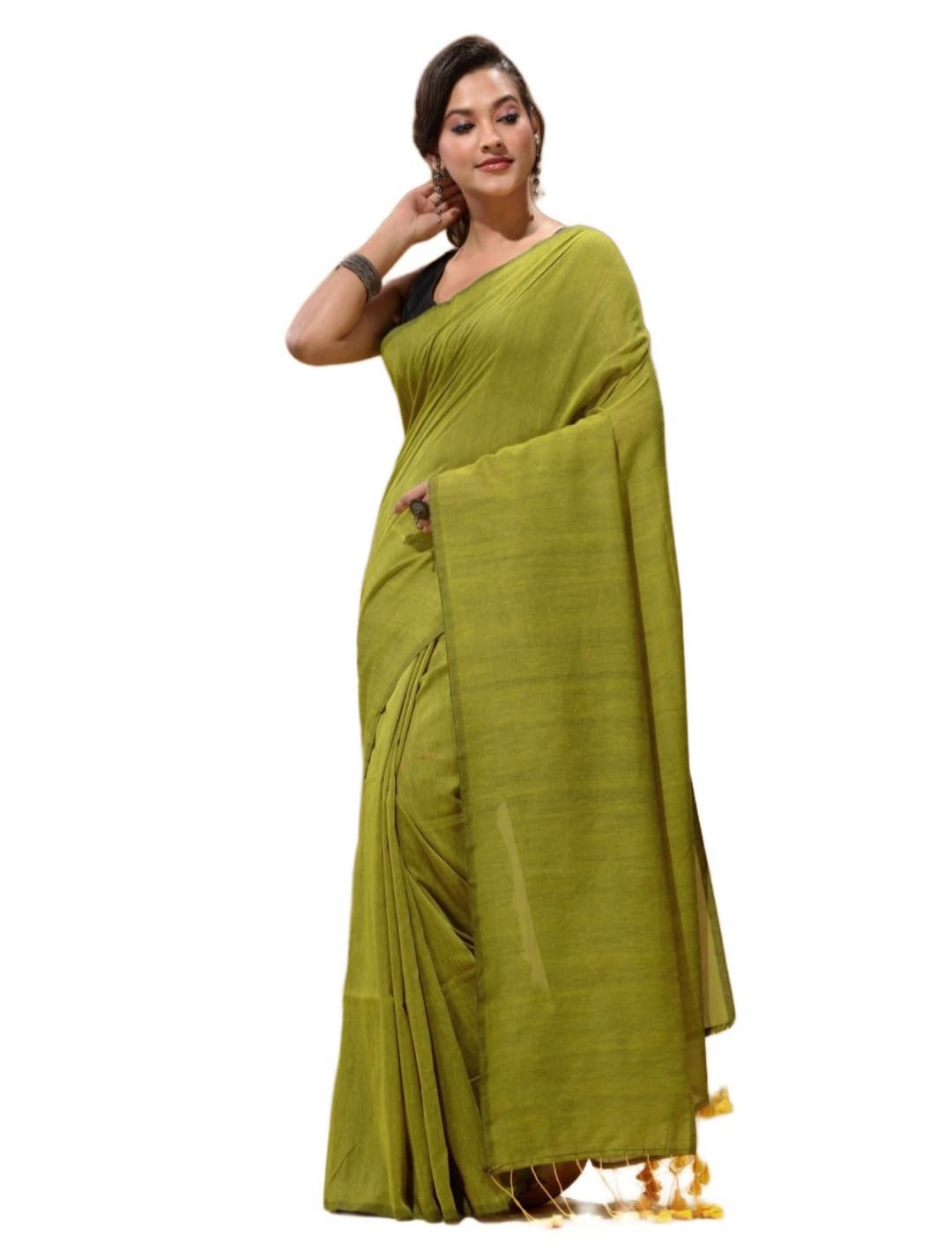 Women's Traditional Bengal Solid Than Handloom Cotton Saree With Blouse Piece-picture-17
