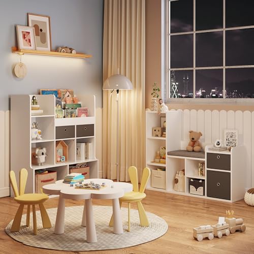 GarveeHome 44 Inch Kids Bookshelf and Toy Storage with Reading Nook & Seat Cushion, Toy Storage Organizer with 6 Cubby and 2 Extra Drawers, Kids Reading Nook for Playroom Kids Room