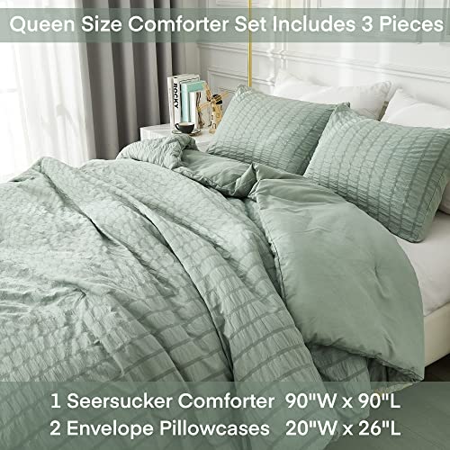 Image of AveLom Seersucker Queen Comforter Set, Sage Green, 90x90, 3 Pieces