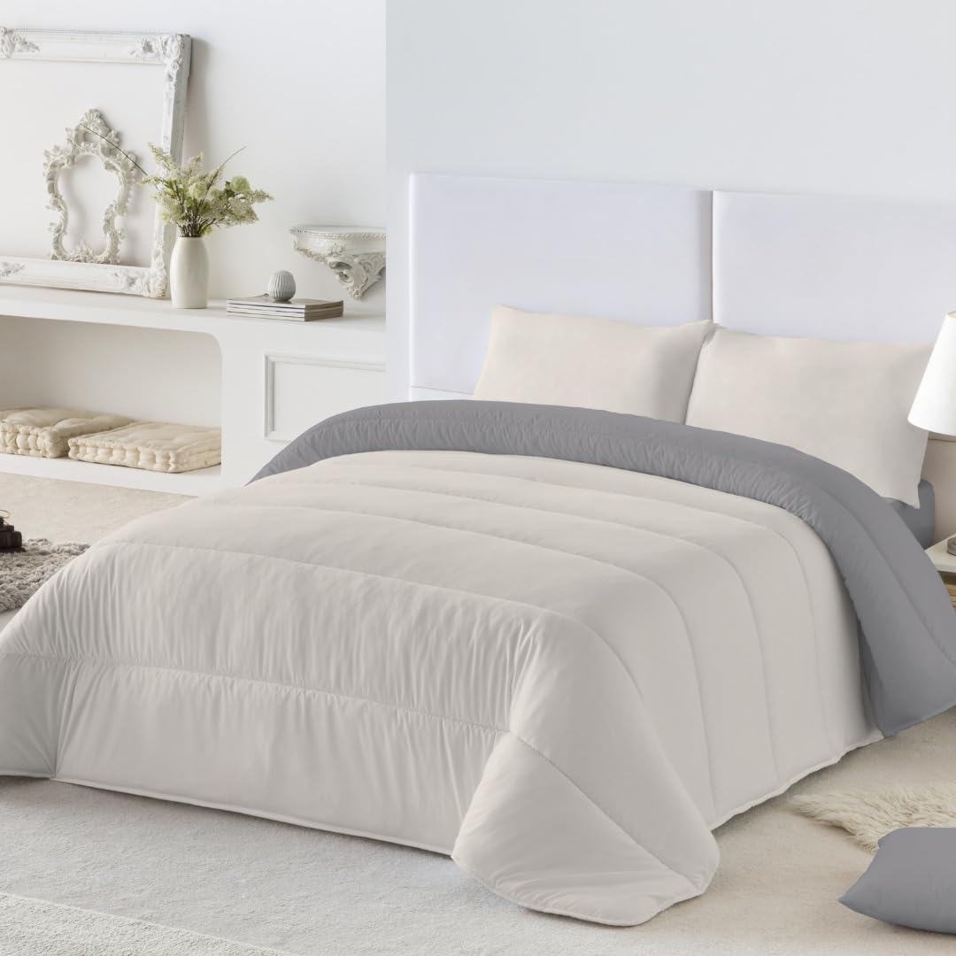 NATURALS - Edredón Nórdico 300 Gramos Liso Bicolor - Reversible - Microfibra Extrasuave - Acolchado Gran Confort y Transpirable - Gris/Piedra - Cama 90/105 (180x260 cm) - Fabricado en España
