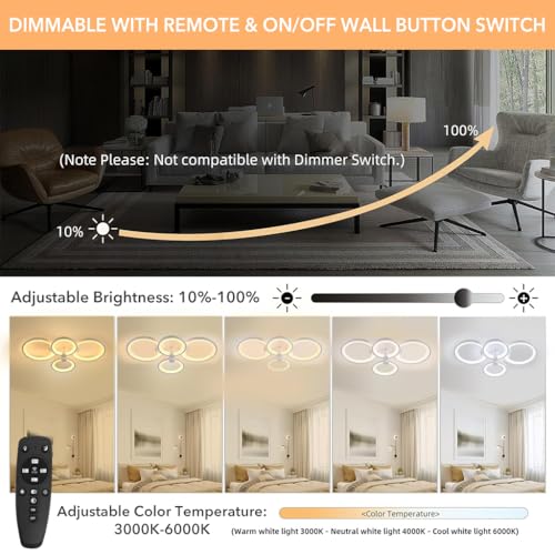 Image of ELEPHANTBOAT 36W Dimmable Chandelier Lights for Ceiling, 3-Color Round LED Ceiling Lights for Living Room with Remote Control, Flush Mount Fancy Lighting Fixture with 4 White Rings (2800-6000k)