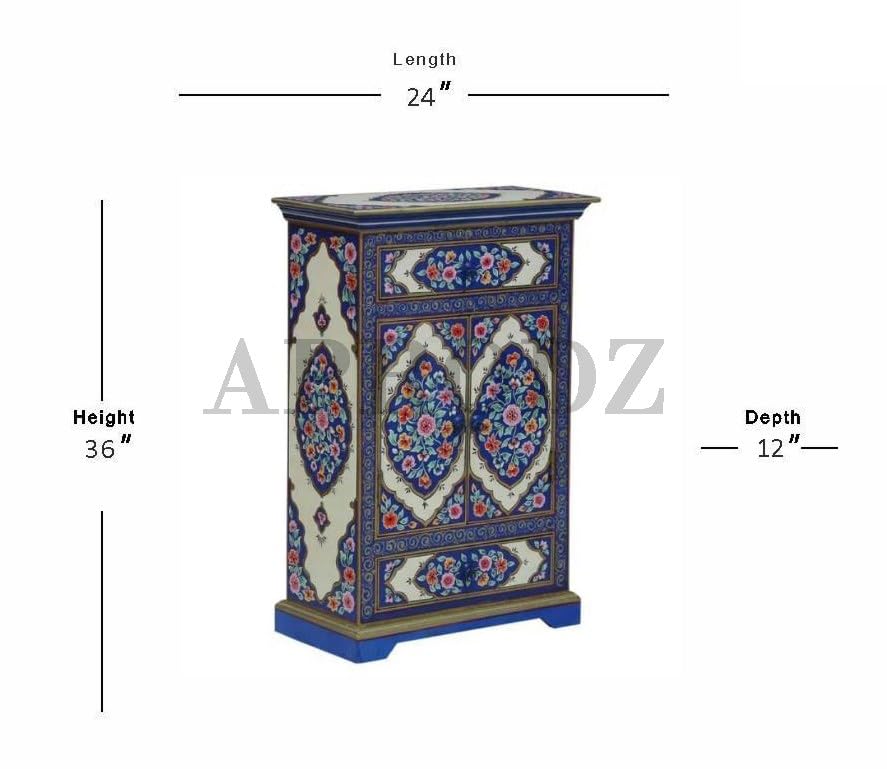 Image of APRODZ Hand-Painted Solid Wood Sideboard Cabinet with 2 Doors & 2 Drawers | Wooden Storage Cabinet for Bedroom Living Room & Kitchen | Crockery Cabinet, Kitchen Storage | Multicolor, 24x12x36 Inches