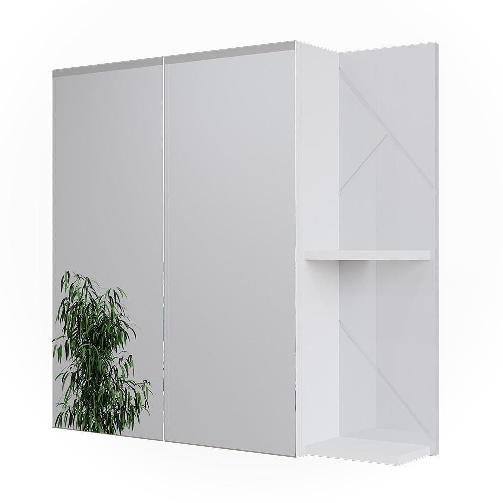 Vicco Mobile a specchio per il bagno Irma, Bianco/bianco lucido, 80 x 75 cm, per montaggio a parete con ripiani aperti e specchio