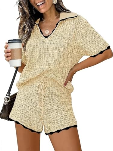 Tankaneo Womens Sweater Set 2 Piece Outfit V Neck Knit Tops Shorts Lounge