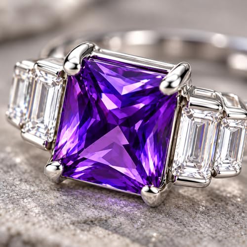 Image of KYAT 925 Sterling Silver Adjustable Ring for Women | Square Princess Cut Purple Amethyst Zircon Stone | Baguette CZ Side Stones | Valentine Gift, Birthday Gift for Girls | Free Size Ring