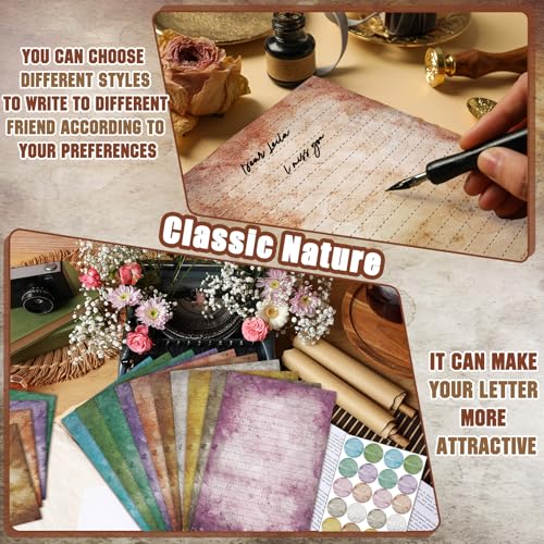Image of TaoBary 160 Pcs Stationery Paper Set 50 Double Sided Stationery Papers with 50 Matching Envelopes and 60 Round Dot Sticker, 10 Design (Vintage,8.25 x 5.5 Inch)