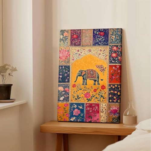Image of PAINTINGMANTRA Elephant Vastu Madhubani Canvas Wall Painting for Living Room | Ethnic Indian Elephant Wall Art for Home Decor | Office Size :41x56 cm Gallary Wraped