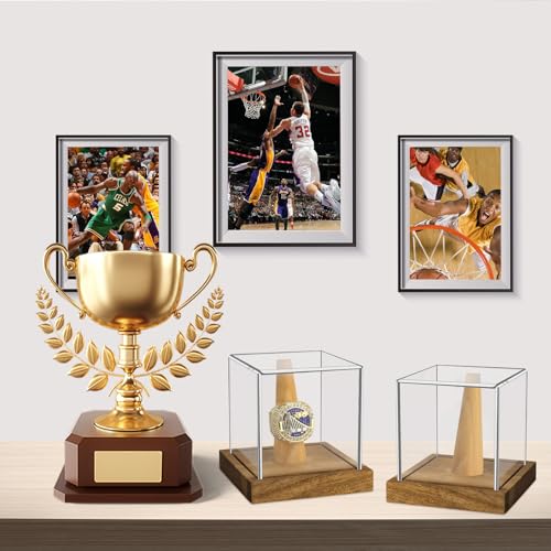 2 Pack Championship Ring Display Case, Clear Acrylic Single Ring Holder with Wood Stand Base 1 Slot Ring Hole Storage for Sports Basketball Baseball Fan Souvenirs Military, UV Protection 3.94 Inch