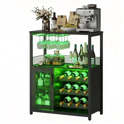 GarveeHome Weinschrank Industrial Mit Verstellbarem Weinregal Und Glashalter, Getränkeaufbewahrung Für Küche, Esszimmer Und Wohnzimmer, Schwarz, 69×35×92 cm