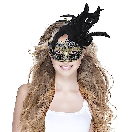 Venetian Face Cover Mask with Feather Decoration - Women's Masquerade Eye Mask for Halloween Mardi Gras, Gold - Image 3