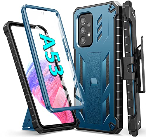 for Samsung Galaxy A53 5G Case: with Built-in Screen Protector & Kickstand | Full-Body Dual Layer Rugged Belt-Clip Holster | Heavy Duty Shockproof Protective Phone Cover - 6.5inch - Blue