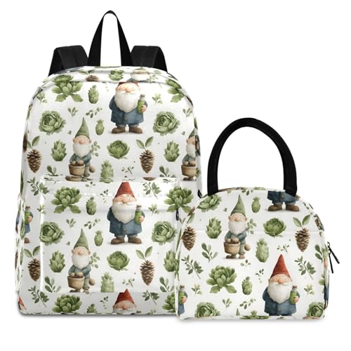 Vintage Gnome Print Backpack Set with Lunch Bag, Large Capacity Travel Backpacks and Lunch Box Insulated for Commute Hiking Picnic