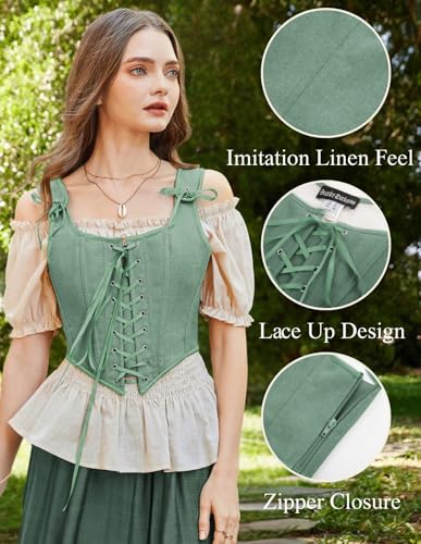 Image of Scarlet Darkness Women's Renaissance Corset Tops Vintage Lace Up Overbust Bustier Bodice Bean Green 14