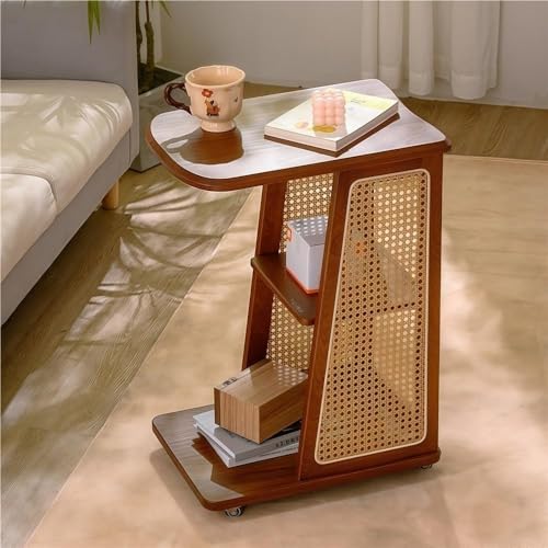 Beistelltisch mit feststellbaren Rädern, Rattan-Sofa-Beistelltisch...