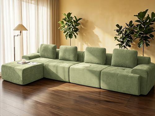 Image of 159 inch L Shaped Oversized Boneless Couch, Comfort Cloud Sectional Couches for Living Room, Modular Sofa High Back & Extra Deep Seat, No Assembly, Chenille(Olive Green, 159 inch-L Shaped(4+1))