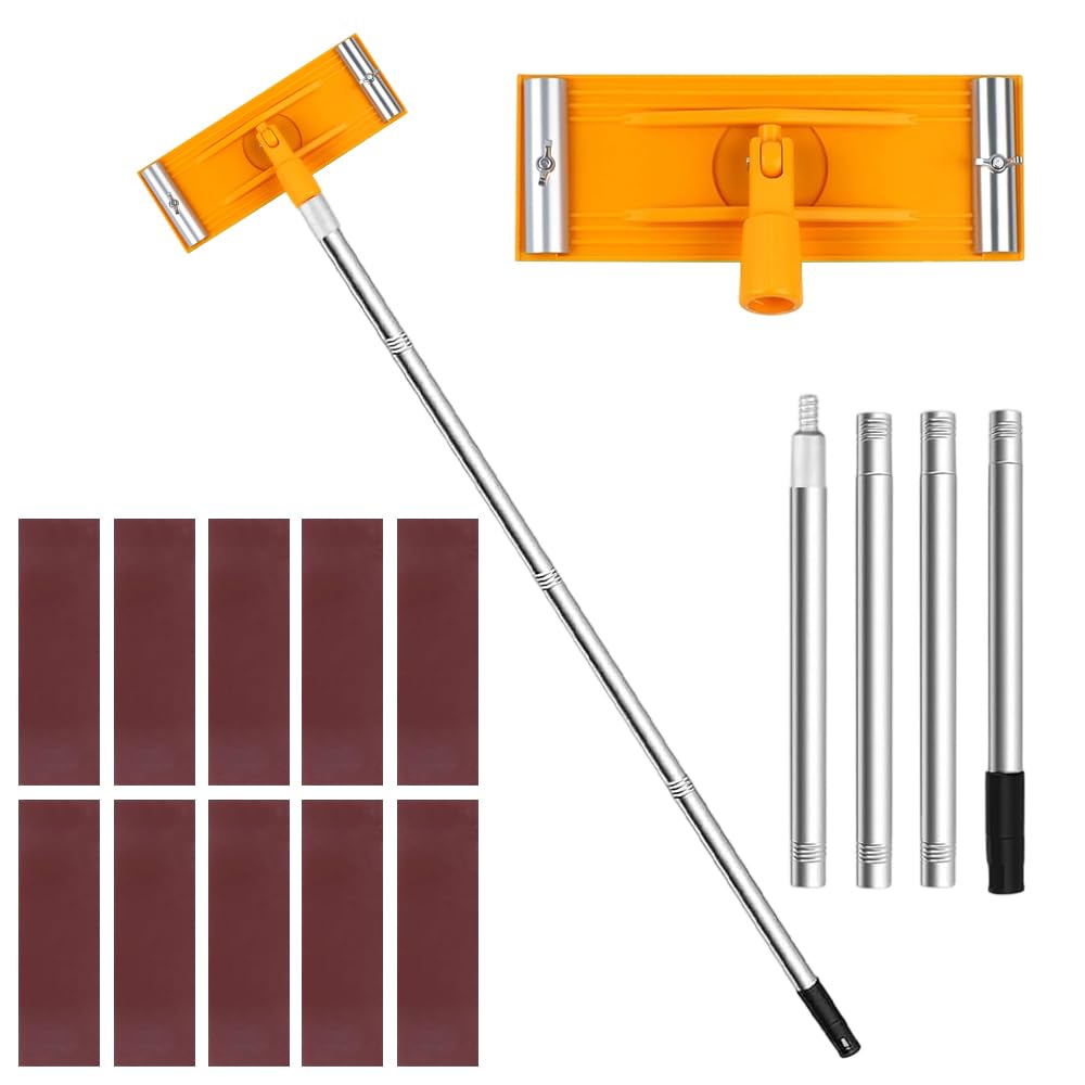 JOAASU Heavy Duty Pole Sander with Swivel Head, Universal Wall Sander with 120cm Extension Pole & 10 Sheets of Sandpapers, 360° Rotatable Drywall Sander for Floor, Wall and Ceiling Sanding