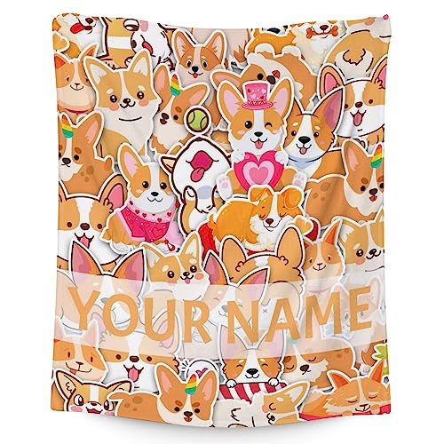 Personalized Corgi Blanket Gifts with Name - 50"x60" Cute Throw for Adults, Kids - Colorful Soft Fuzzy Blankets for Bed, Couch & Living Room