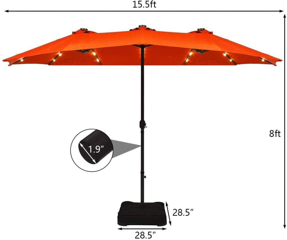 YRRA 15 Ft Solar LED Patio Double-Sided Umbrella with Base Outdoor Twin  Umbrella Extra Large Umbrella w/ 36 Solar Powered LED Lights u0026 Crank  System-Orange : Amazon.co.uk: Garden