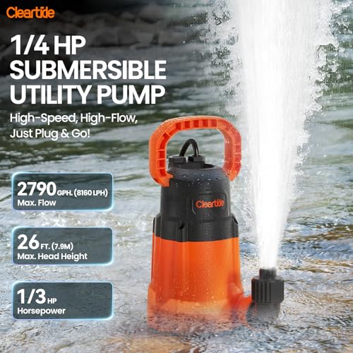 Image of Cleartide Submersible Utility Water Pump, 1 /3 HP 2790 GPH Portable Sump Pump with Copper Motor, Plug and Work for Pond, Garden Watering, Pool or Hot Tub Water Transfer
