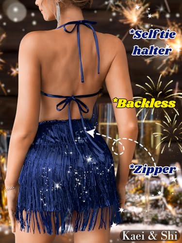 Image of Kaei&Shi Sequin Fringe Romper,Sparkly Glitter Metallic Jumpsuits For Women,Backless Shorts Dress Disco Birthday Dance Outfit
