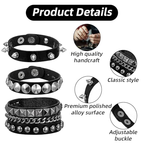 3 Pcs Punk Rock Leather Studded Bracelets, 80s Gothic Spike Cuff Bracelet Halloween Party Favors Rock Accessories3