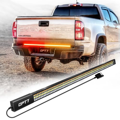 OPT7 Redline 48' Aluminum Truck Tailgate Light Bar w/Sequential Amber Turn - Weatherproof Rigid 1-Piece Triple Row LED Strip - Dynamic Taillight w/White Reverse - Fits Tacoma Colorado Frontier Canyon