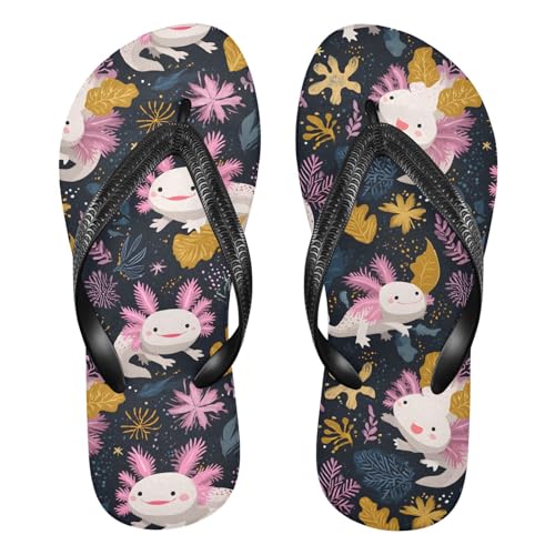 ALAZA Cute Axolotl Leaf Pattern Flip Flops for Women Fashion Beach Slippers Comfort Mens Flip Flops Non-Slip Rubber Shower Slippers Sandal for Hotel Travel Sport,XS
