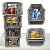 TidyFriend Plastic Stackable Storage Bins for Pantry,4 Pack Open Front Storage Bins,Toy Organizers, Kitchen, and Bathroom Essentials (Dark Grey)