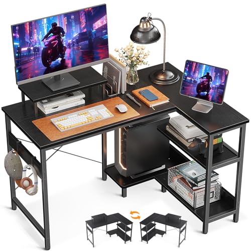 ODK L Shaped Computer Desk with Reversible Storage Shelves, 100 * 70 * 87.7cm, Corner Desk with Monitor Stand&Headphone Hook, Home Office Desk, Modern Simple Writing Table, Black